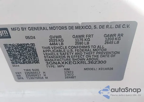 2024 Chevrolet Equinox Fwd Lt z USA, uszkodzony, nr VIN 3GNAXKEGXRL362300